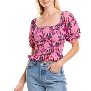 WAYF Puff Sleeve Floral Smocked Crop Top Square Neck Pink Size Medium
